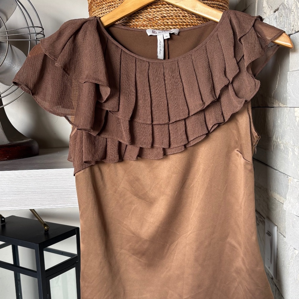 BCBG - dressy sleeveless top w/ruffle- brown